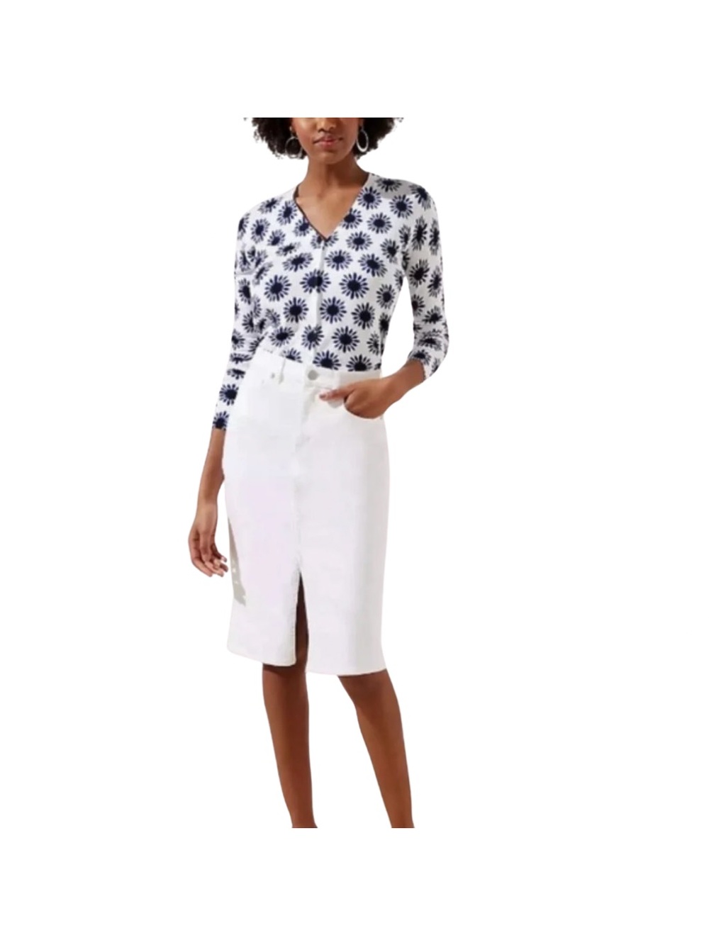 LOFT White Denim Midi Pencil Skirt Jean Coastal Nautical Preppy Minimal American
